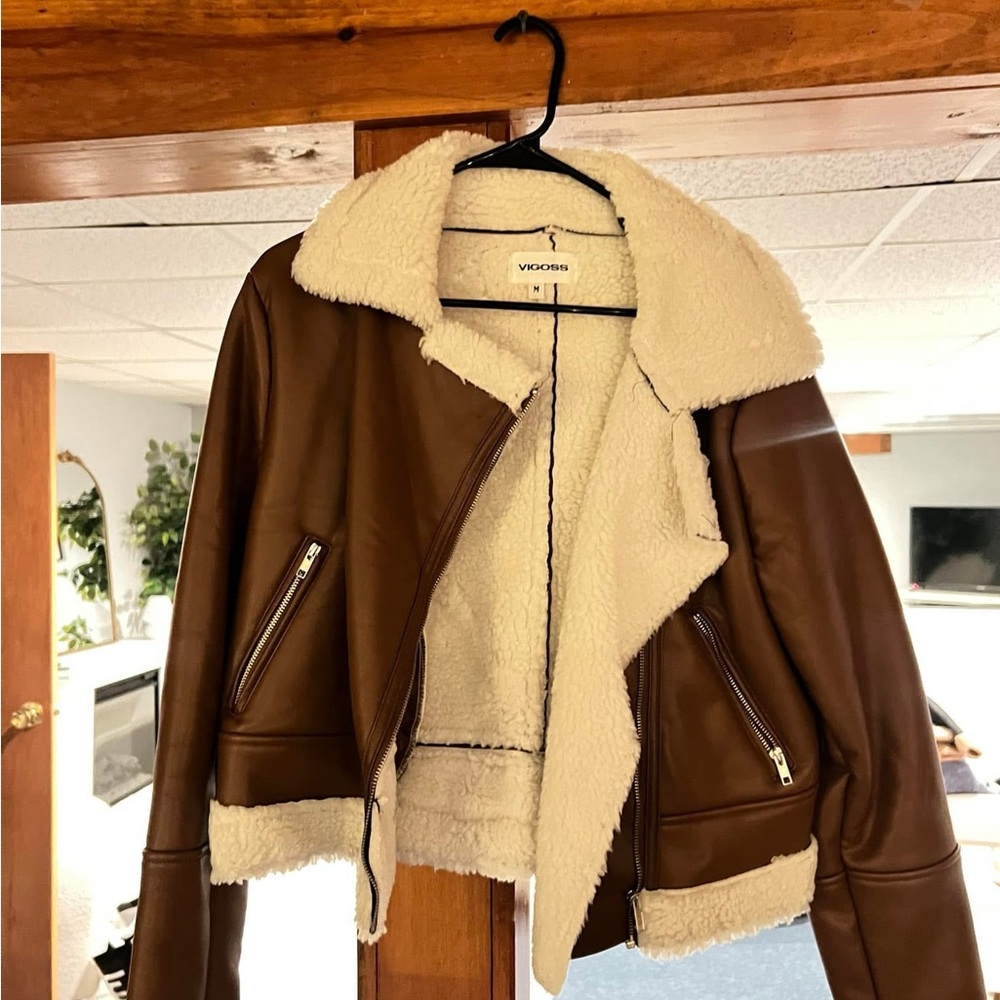 Vigoss Brown and Cream Leather Jacket with Oversized Collar